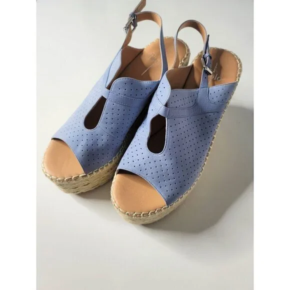 New Linea Paolo Everly Women's Wedge Peep Toe Blue Nubuck Sandals  SZ 9.5 - Picture 2 of 8
